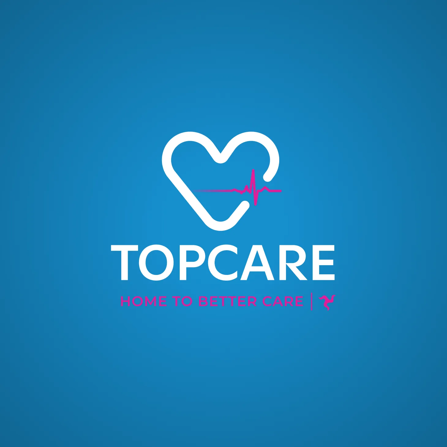 Topcare logo featuring white heart with pulse line and "Home to Better Care" tagline on a medium blue background